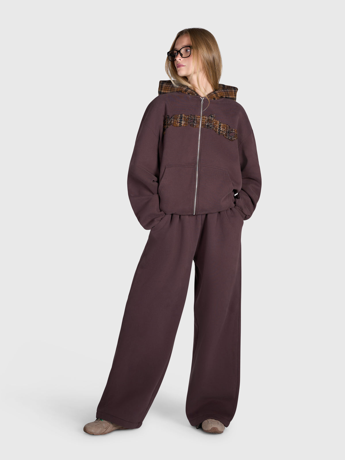 Tartan Applique Zip Hoodie - Brown/Brown