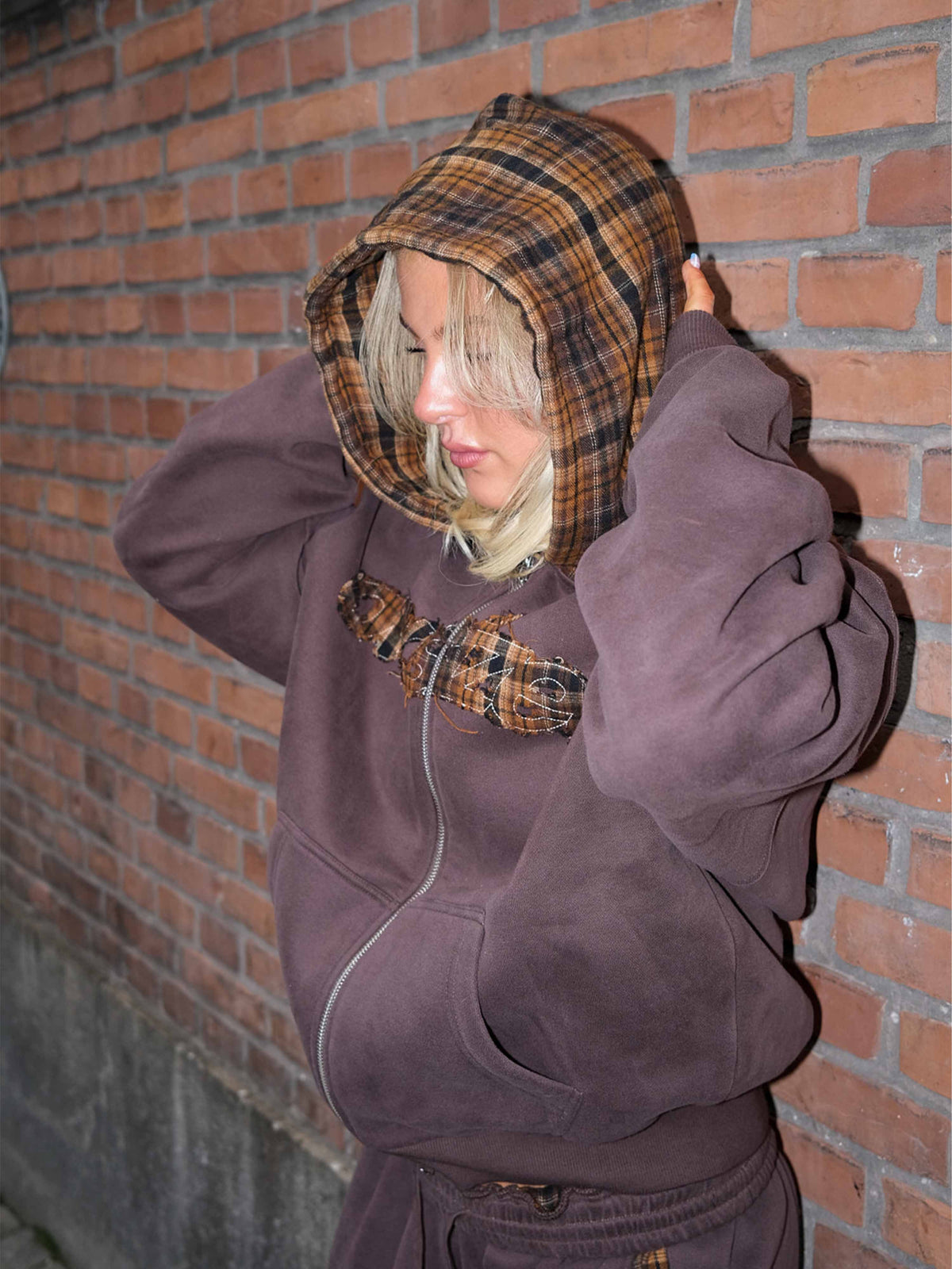 Tartan Applique Zip Hoodie - Brown/Brown