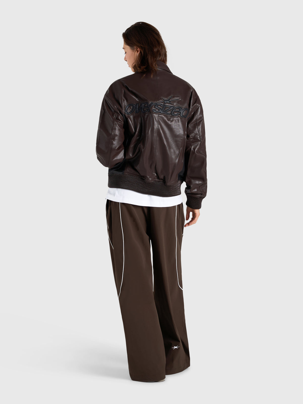 Faux Leather Bomber Jacket - Brown/Black