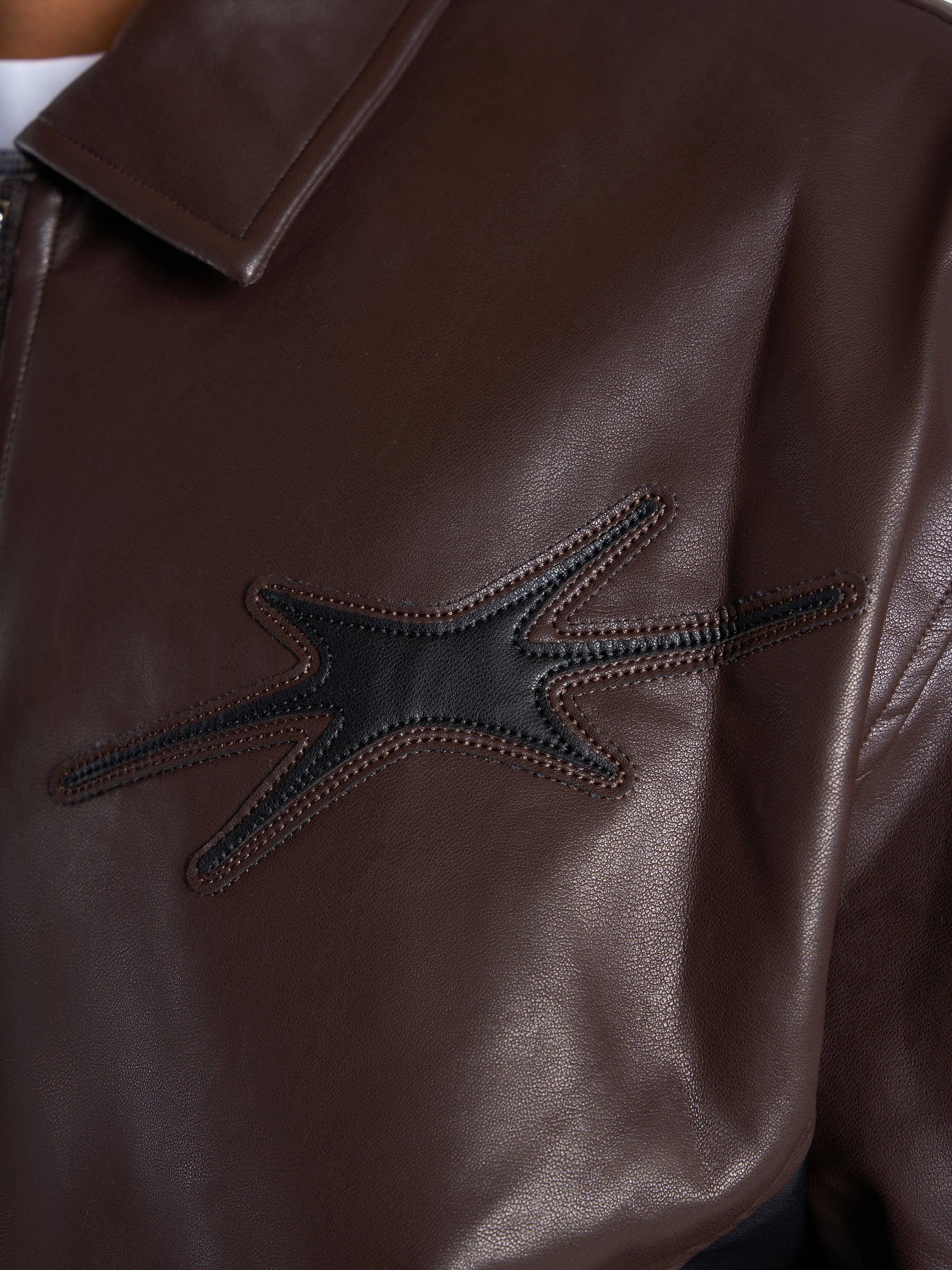 Faux Leather Bomber Jacket - Brown/Black