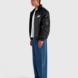 Faux Leather Bomber Jacket - Black/Navy
