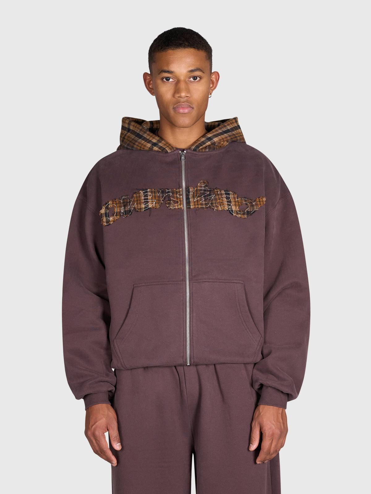 Tartan Applique Zip Hoodie - Brown/Brown