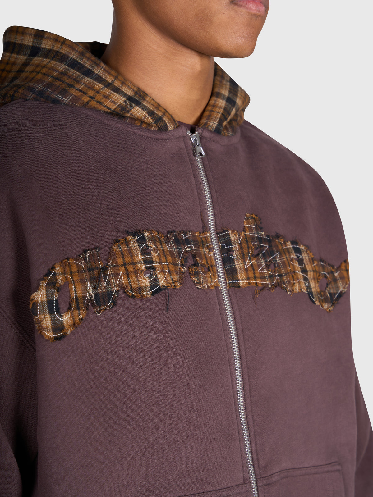 Tartan Applique Zip Hoodie - Brown/Brown