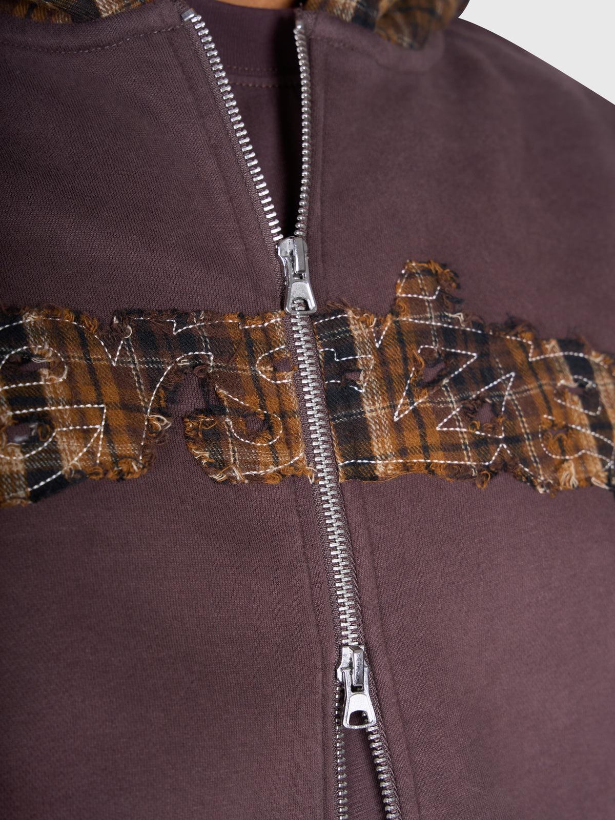 Tartan Applique Zip Hoodie - Brown/Brown