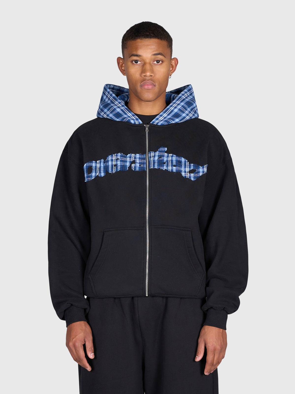Tartan Applique Zip Hoodie - Black/Blue