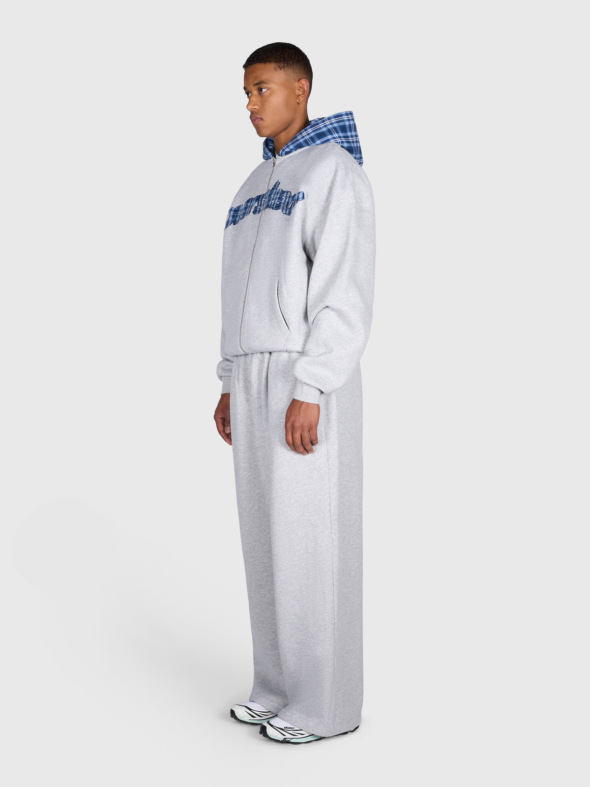 Tartan Applique Zip Hoodie - Cloudy Grey/Blue