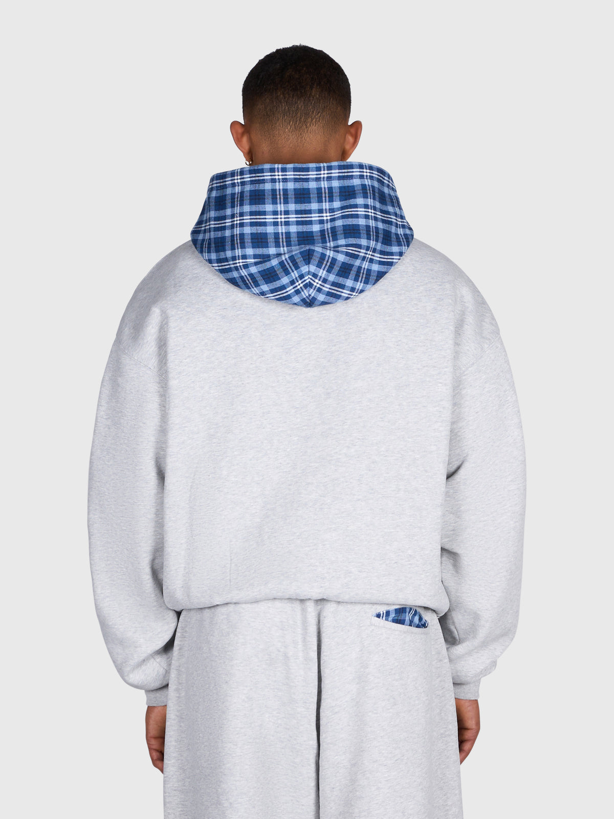 Tartan Applique Zip Hoodie - Cloudy Grey/Blue