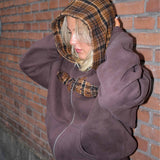 Tartan Applique Zip Hoodie - Brown/Brown