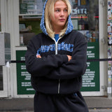 Tartan Applique Zip Hoodie - Black/Blue